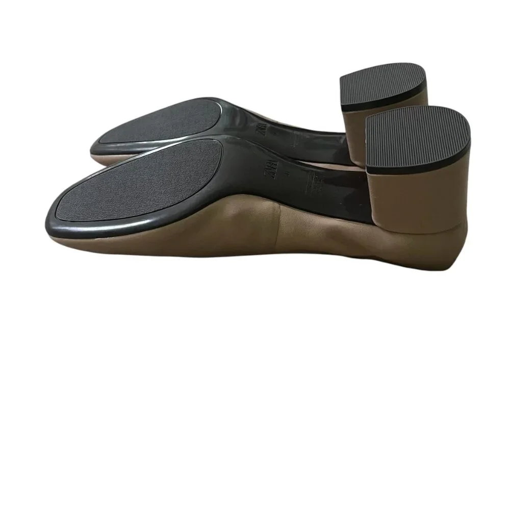 Zara Leather Beige Brown Pumps Mary Jane Style Size 10 Block Heel, Buckled Strap